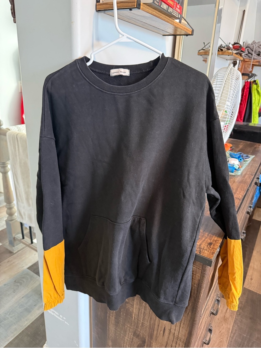 Men's Black Sweatshirt with Mustard Sleeve Accents
